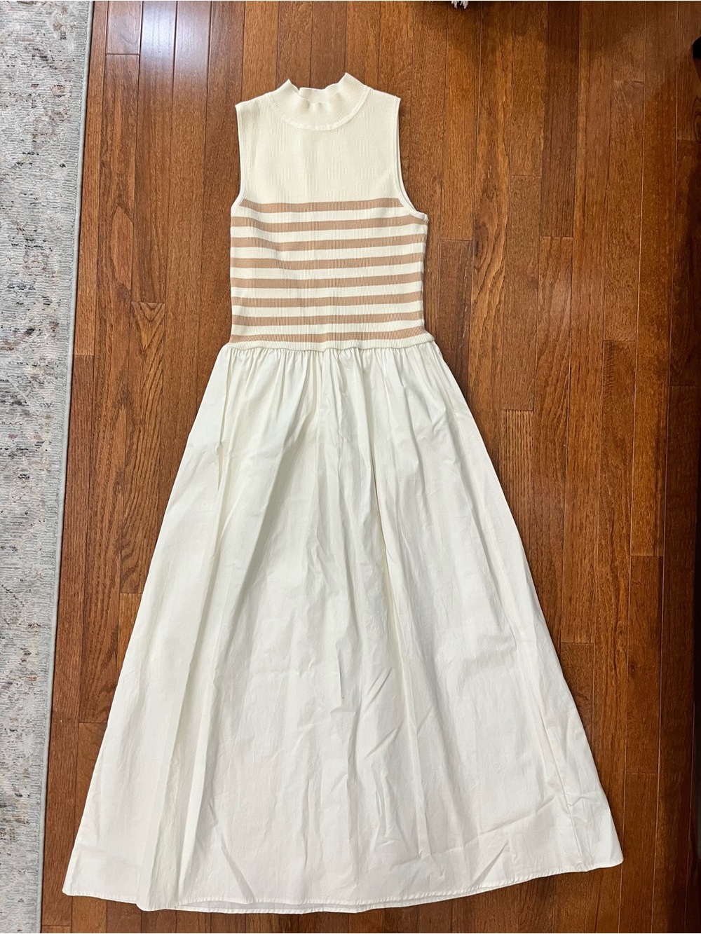 Boutique Women’s Cream and Beige Striped Knit-Bodice Maxi Dress